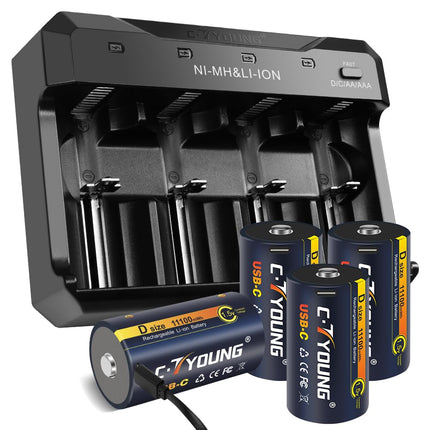Rechargeable D Batteries with USB Type-C Universal Charger, 4-Pack 1.5V Lithium D Cell 11000mWh High Capacity, Compatible with AA, AAA, C, D and more