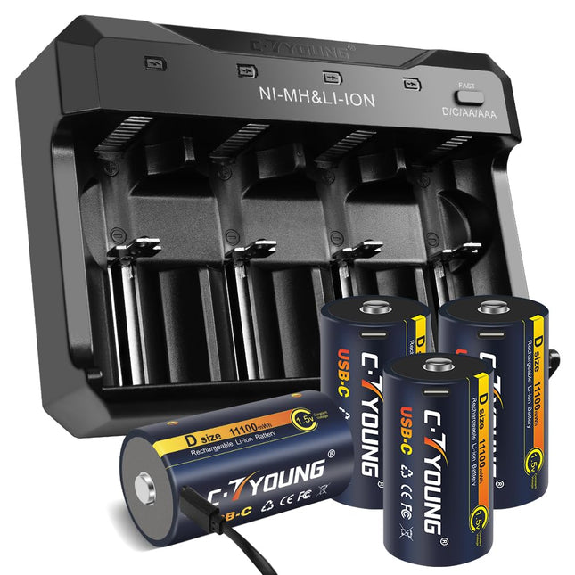 Rechargeable D Batteries with USB Type-C Universal Charger, 4-Pack 1.5V Lithium D Cell 11000mWh High Capacity, Compatible with AA, AAA, C, D and more