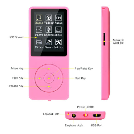 MP3/MP4 Player, Lychee Upgrade, 8 GB Digital Music Player, Portable HiFi Sound with Video/Voice Recording/FM Radio/E-Book Reader, Supports up to 64 GB (Pink)