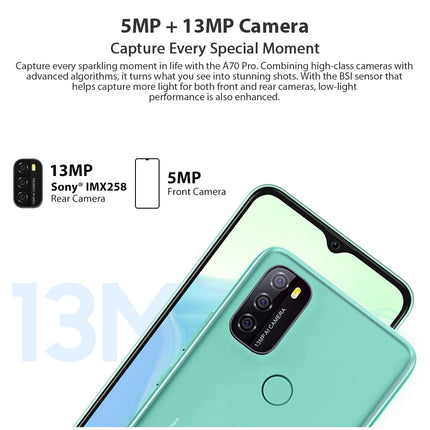 Blackview A70P Android 11 nutitelefon, 6,5-tolline HD+, 8,3 mm õhuke ja kerge, 5380mAh aku, 13MP + 5MP, kahe SIM-kaardiga 4G mobiiltelefon, näotuvastus ja sõrmejäljelugeja, GPS, sinine