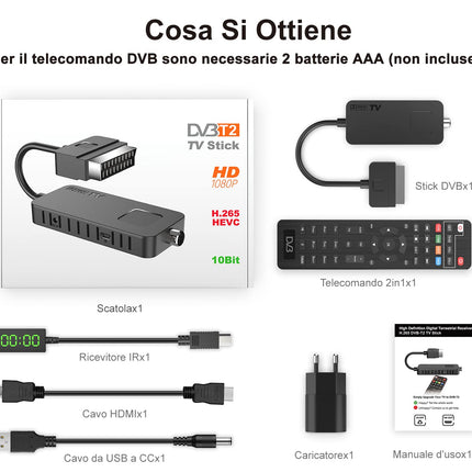 Maapealne digitaalne dekooder 2022 DVB-T2-Dcolor Full HD SCART HDMI TV Stick võtab vastu kõiki tasuta kanaleid, toetab 1080P H265 Main10 PVR USB WiFi multimeediat [sisaldab 2in1 kaugjuhtimispulti]
