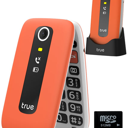 TRUE seenioride mobiiltelefon, lepinguta klapiga telefon, 2,8-tolline värviline ekraan, GSM suurte nuppudega mobiiltelefon seenioridele koos hädaabikõne funktsiooniga, sammulugeja, kaamera, SOS-hädaabinupp, laadimisjaam, 512 MB microSD, S70, oranž