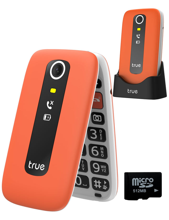 TRUE seenioride mobiiltelefon, lepinguta klapiga telefon, 2,8-tolline värviline ekraan, GSM suurte nuppudega mobiiltelefon seenioridele koos hädaabikõne funktsiooniga, sammulugeja, kaamera, SOS-hädaabinupp, laadimisjaam, 512 MB microSD, S70, oranž