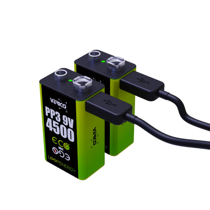 VERICO LoopEnergy 9V Block 4-pack, PP3, 4500 mWh, Rechargeable USB-C Battery, Li-Ion Battery, 2 x Charging Cables USB Type A to 2 x Type C