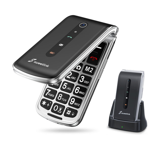 SweetLink F1PLUS seenioridele mõeldud mobiiltelefon, lepinguta klapiga telefon, suure nupuga mobiiltelefon laadimisjaamaga, GSM klapiga mobiiltelefon, SOS hädaabikõne funktsioon, 1000mAh aku, taskulamp, FM-raadio, 2,4-tolline värviline ekraan, must