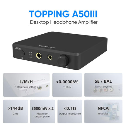 Topping A50 III NFCA tasakaalustatud kõrvaklapivõimendi 3500mW x 3500mW HiFi kõrvaklapivõimendi RCA/TRS sisend 6,35 mm/4,4 mm tasakaalustatud kõrvaklapivõimendi, kolmeastmeline võimenduse lüliti (must)