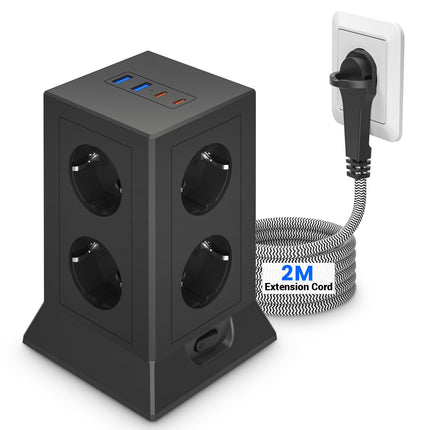 8-suunaline pikendusjuhe 4 USB-C pistikupesa adapteriga, pikendusjuhe ülepingekaitsega, pistikupesa lülitiga, toitejaotur 2m kaabliga kontorisse ja koju, must