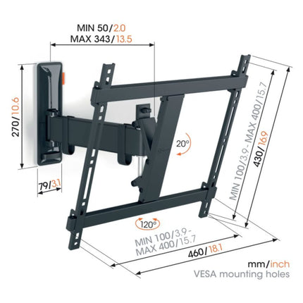 Vogel's Comfort TVM 3425 pööratav teleri seinakinnitus 32–65-tollistele teleritele, max. 25 kg, pöörleb kuni 120°, täielikult liikuv telerikinnitus max. VESA 400x400, universaalne ühilduvus