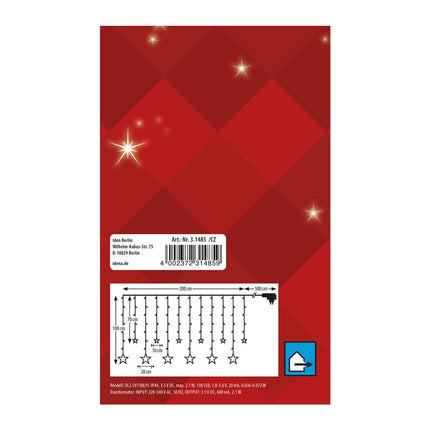 Idena 31485 - LED-valguskardin 138 sooja valge LED-iga, 8-tunnise taimerifunktsiooni ja trafoga, 12 tähekujulise juhtmega, mõõtmetega umbes 2 x 1 m, meisterdamiseks, peokaunistuseks, jõulukaunistuseks, pulmadeks