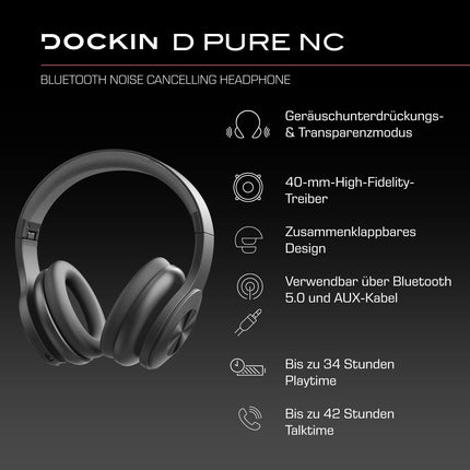 DOCKIN D Pure NC juhtmevabad Bluetooth-kõrvaklapid, aktiivse mürasummutusega ANC-kõrvaklapid, 42 tundi aku tööiga, aptX HD, Bluetooth 5.1 kõrvaklapid, madal latentsusaeg, kokkupandav Bluetooth-peakomplekt, AUX
