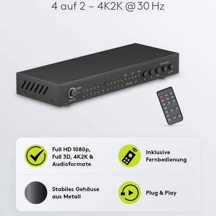 goobay 58478 HDMI maatrikslüliti 4-2 / ​​maatrikslüliti jaotur 4k @ 30Hz / puldiga Blu-ray-mängija, Xboxi, PS5 ja teleri jaoks / 4 sisendit ja 2 väljundit