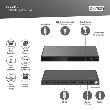 DIGITUS Splitter HDMI 1x4 8K/60Hz Toslink, Stereo, EDID Contr.