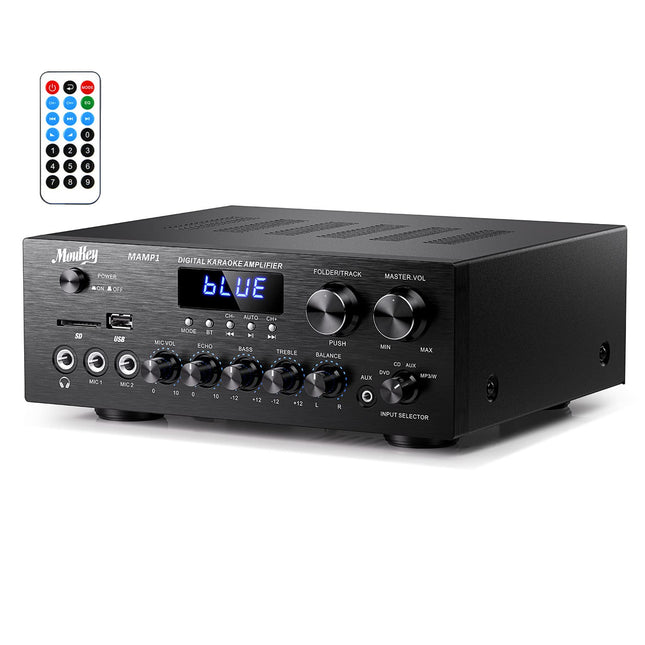 Amplifier, Moukey Bluetooth Power Amplifier Dual Channel Audio Stereo Receiver with USD, SD, AUX, MIC IN with Echo, Radio, LED For Karaoke, Home Theater, MAMP1