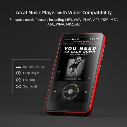 MP4 MP3 mängija Bluetoothi ​​ja WiFi-ga, 4-tolline puuteekraan, Spotifyga, Androidi voogedastusmuusikamängija Pandoraga, kaasaskantav HiFi heliga digitaalne audiopleier kõlariga, punane