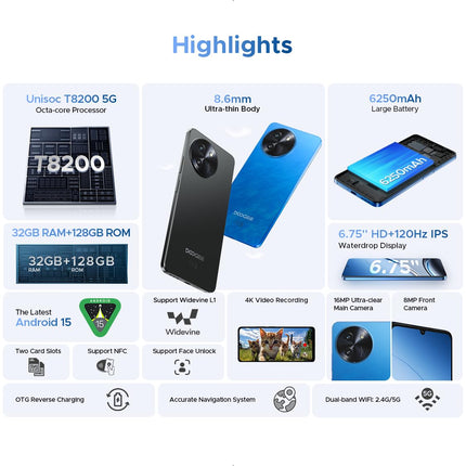 DOOGEE Note59 5G Smartphone Android 15, 32GB RAM + 128GB ROM, 6250mAh Battery, 6.75-inch HD+ 120Hz Display, 16MP AI Camera, Octa-Core, Dual SIM, NFC, Unlocked Phone, 2025, Blue