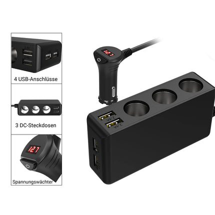 (7 in 1) Cigarette Lighter Splitter Car Adapter 12V: 120W Car Charger 3 Socket 24V Multiple Splitter DC with LED Voltmeter Switch 4 USB Ports 6.8A for all Cell Phones GPS Car Camera etc.