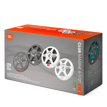 JBL Club Marine kõlarid 6 1/2" 2-suunaline kõrgjõudlusega veekindel õuekõlar, 225W Harman Kardoni paadikõlarid, IPx5 ilmastikukindel õuekõlar, 7 värvi LED-valgustus, 2 grillivärvi