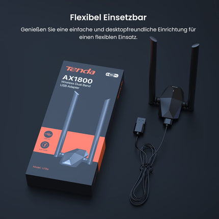 Tenda U18a WiFi 6 WLAN Stick WLAN USB-adapter (AX1800 kahesageduslik 5 GHz: 1201 Mbps + 2,4 GHz: 574 Mbps) 2 * 5dBi antenni, WPA3, USB 3.0, MU-MIMO, LED, toetab Windows 10/11, arvuti/sülearvuti/lauaarvuti jaoks
