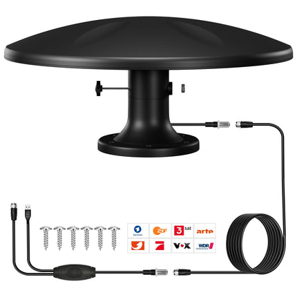 DVBT2 antenn - haagissuvila antenn - DVBT2 antenn võimendiga, sobib ideaalselt matkaautodele, haagissuvilatele, veoautodele, matkaautodele ja paatidele - 10-meetrine kaabel, toetab 4K HD kanaleid, nutikat VHF/UHF/DAB