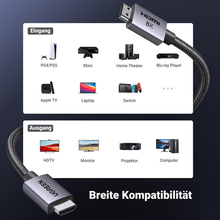 UGREEN HDMI 2.1 kaabel 10K 8K 60Hz 4K 240Hz 165Hz 144Hz 120Hz 48Gbit/s kiire, HDMI kaabel 2.1 Ultra HD eARC HDR 10+ HDCP Dolby Vision VRR ühildub Mac mini M4/PS5/Xbox Series X/sülearvutiga (5M)