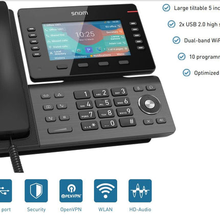 Snom D865 IP-telefon, SIP-lauatelefon, 5-tolline IPS-värviline ekraan 1280 x 720 pikslit, 12 SIP-identiteeti, 10 programmeeritavat funktsiooniklahvi, WiFi NFC, Bluetooth, 3-aastane tootjagarantii, must, 00004536