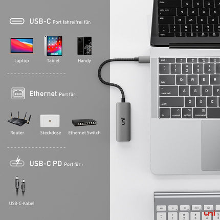 uni USB-C to Ethernet Adapter 100W PD, 1Gbps Gigabit RJ45 LAN Network Adapter with Power Delivery - Compatible with Laptop, MacBook Pro/Air, Dell XPS, iPad Pro