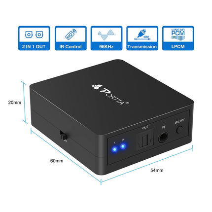 Portta Toslink 2x1 lüliti / SPDIF digitaalne optiline audio Toslink 2x1 lüliti kaugjuhtimispuldiga - 2 sisendit, 1 väljund, tugi 5.1CH / LPCM2.0 / DTS / Dolby-AC3 PS3 DVD-mängijale ja helivõimendile