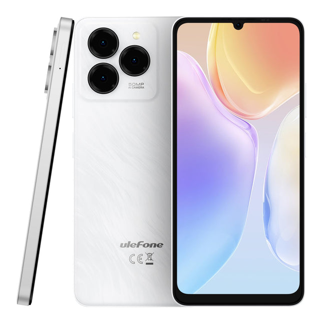 Ulefone Note 20 PRO Android 14 nutitelefon, 6,75-tolline HD+ suur ekraan, 8 GB RAM + 128 GB ROM, 50MP + 8MP + 2MP, kahe SIM-kaardiga nutitelefon, 6000mAh aku, sõrmejäljelugeja + näotuvastus, GPS, valge