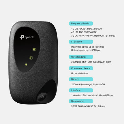 TP-Link M7200 mobile WiFi router (4G/LTE up to 150 Mbps download/50 Mbps upload, hotspot, 2000 mAh battery, compatible with all European SIM cards)