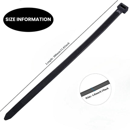Mustad kaablisidemed, 300 mm x 4,8 mm, vastupidavad nailonist kaablisidemed tõmbetugevusega 50 kg, mitmeotstarbelised kaablisidemed sise- ja välistingimustes kasutamiseks, kodu, kontor, 200 tk pakis