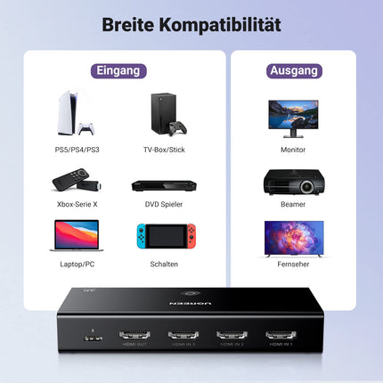 UGREEN HDMI 2.0 lüliti 4K@60Hz HDMI jaotur 3 sisse- ja väljalülituslüliti puldiga, ühildub PS5/4, Xboxi, Apple TV, Blu-Ray, teleri ja monitoriga
