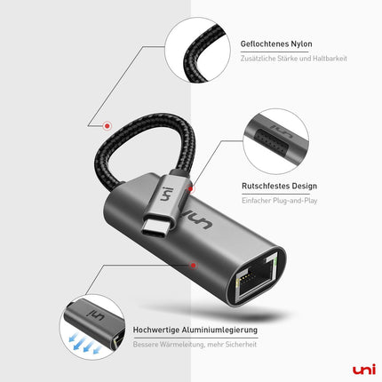 uni USB C Etherneti adapter 1000Mbps, Thunderbolt USB C RJ45 LAN võrguadapter, ühildub iPhone 16, iPad Pro/Air, MacBook Pro/MacBook Air, Galaxy S23, Surface Book, Dell XPS jne.