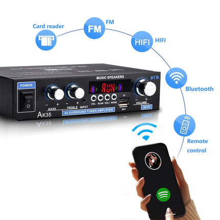 WOOPKER AK35 HiFi võimendi, Bluetooth 5.0 minivõimendi HiFi stereo kodukino stereo AV-vastuvõtja kõrgete ja basssagedustega USB/RCA/MIC/FM-iga