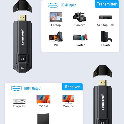 HDMI juhtmevaba saatja ja vastuvõtja, Lemorele 165FT/50M HDMI juhtmevaba edastus toetab 8 saatjat 1 vastuvõtjale, 5G HDMI juhtmevaba edastus Netflixi/TikToki/YouTube'i voogesitamiseks sülearvutist, arvutist HDTV-sse/projektorisse