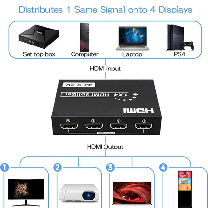 TCNEWCL 4K HDMI jaotur 1 sisend 4 väljundit samaaegne 1x4 audio-video HDMI jaotur toiteallikaga, toetab 3D-d, HDCP-d, ühildub HDTV, Xboxi, PS4, Blu-ray-mängija ja projektoriga
