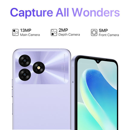 UMIDIGI G5A lukustamata mobiiltelefon, SIM-kaardita mobiiltelefonid 8 GB (4 GB + 4 GB) + 64 GB (kuni 1 TB), neljatuumaline 6,52-tolline HD+ nutitelefon lukustamata, 13 MP + 5 MP kaamera 5000 mAh aku sõrmejälje/näotuvastuse/GPS-iga (lilla)