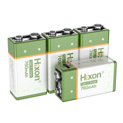 Hixon 9V USB-C Battery, Rechargeable Lithium 9V Block Battery, 760 mAh High Capacity with Type-C Charging Cable, for Smoke Detectors and Multimeters, 4 Pieces 9V Lithium Battery