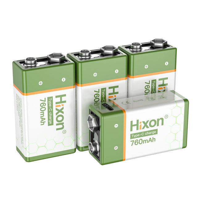 Hixon 9V USB-C Battery, Rechargeable Lithium 9V Block Battery, 760 mAh High Capacity with Type-C Charging Cable, for Smoke Detectors and Multimeters, 4 Pieces 9V Lithium Battery
