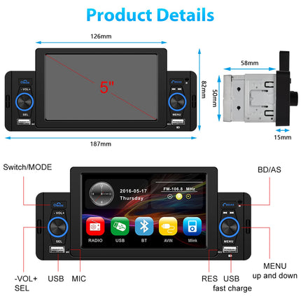 Podofo autoraadio 1 DIN Bluetooth-vabakäesüsteemiga, 5-tolline puutetundlik ekraan, ühe DIN-iga autostereo, ekraanitugi FM, peegliühendus, kaugjuhtimispult + tahavaatekaamera ja mikrofon