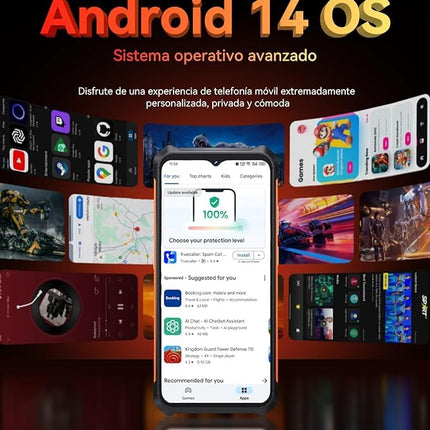 Cubot Kingkong ES – 6,56-tolline HD+ nutitelefon, 16 GB (6 GB + 10 GB) RAM ja 128 GB ROM, 48 MP kolmekordne kaamera, 5100 mAh aku, Android 14, kaheksatuumaline protsessor, värv must + oranž