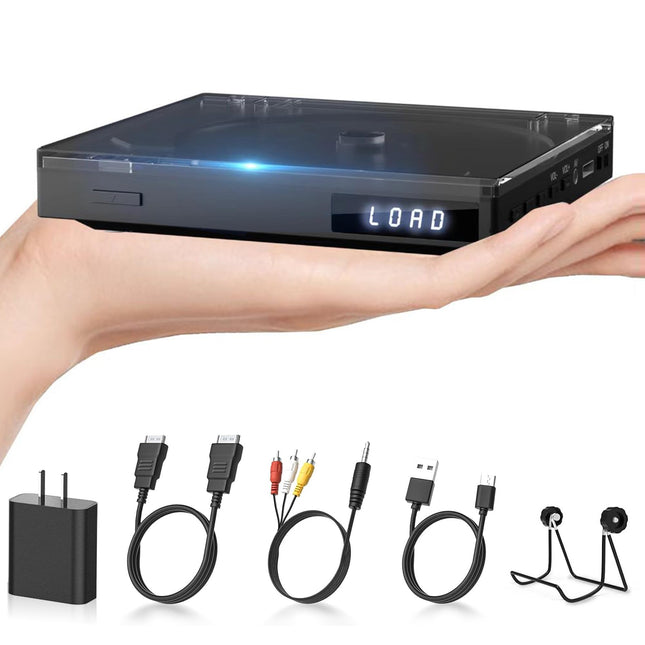 Mini DVD-mängija sisseehitatud HiFi-kõlariga, HDMI, mälu taasesituse funktsioon, kompaktne, kõik piirkonnad vabad, USB-taasesitus, HDMI- ja RCA-kaabel
