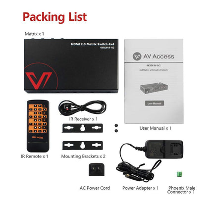 AV Access 4x4 HDMI maatriksijagaja, 4K@60Hz koos HDR Dolby Visioniga, heli ekstraheerimine SPDIF 5.1CH, 4K kuni 1080P allaskaleerimine, CEC, veebiliides, väljalülitusmälu, IR Remote API RS232 juhtimine