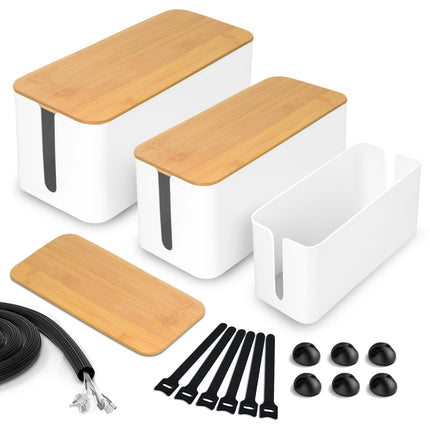Cinnani kaablikarp, 3 ABS-plastist kaablikarbi komplekt bambuskaanega, suurte, keskmiste ja väikeste kaablihalduskaablikarpide komplekt, mis sisaldab kaablihoidjat, kaablisidemeid ja kaablikanalit kaabli peitmiseks