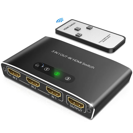 HDMI Switch, HDMI Splitter Automatic 4K Aluminum HDMI Switch 3 in 1 Out UHD HDMI Distributor with Remote Control, HDMI Switch Supports 4K 3D HDR for Fire TV Stick UHD TV PS4 Xbox DVD Blu-Ray