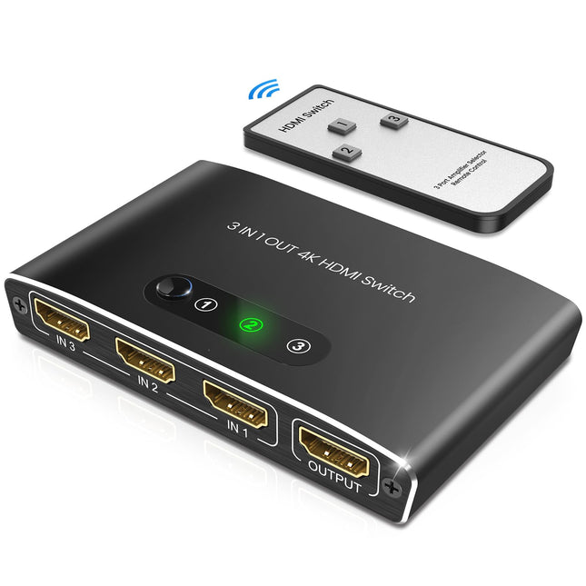 HDMI Switch, HDMI Splitter Automatic 4K Aluminum HDMI Switch 3 in 1 Out UHD HDMI Distributor with Remote Control, HDMI Switch Supports 4K 3D HDR for Fire TV Stick UHD TV PS4 Xbox DVD Blu-Ray
