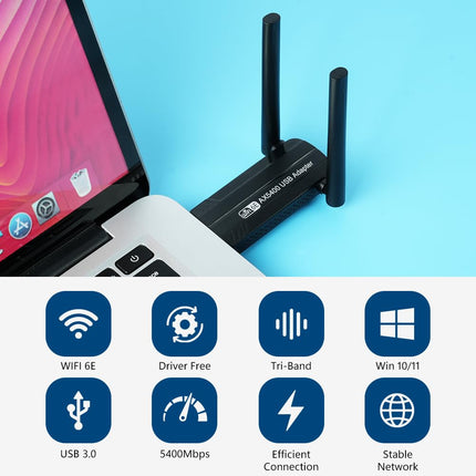OFFCUP USB WLAN-i mälupulga adapter arvutile, WiFi 6E adapter AX3008 internetipulk 5400Mbps USB 3.0 kolme sagedusribaga 2,4 GHz/5 GHz/6 GHz koos 2 x 5 dBi antenniga, 5 dBi WPA3 krüptimisega, ühildub Windows 10/11-ga