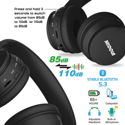 MIDOLA Soskakiist Volume Limited 85dB laste kõrvaklapid, Bluetooth juhtmevabad kokkupandavad stereo mürasummutavad kõrvaklapid AUX 3.5mm pistikuga poistele, tüdrukutele, lastele, iPadidele, tahvelarvutitele, teleritele (mustad)