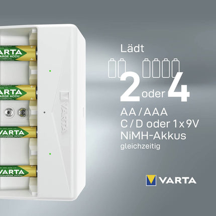 VARTA akulaadija, laetavate akude laadija, laeb samaaegselt 2 või 4 AA, AAA, C, D või 1x 9V akut, universaalne laadija, turvaväljalülitusega, varustuseta