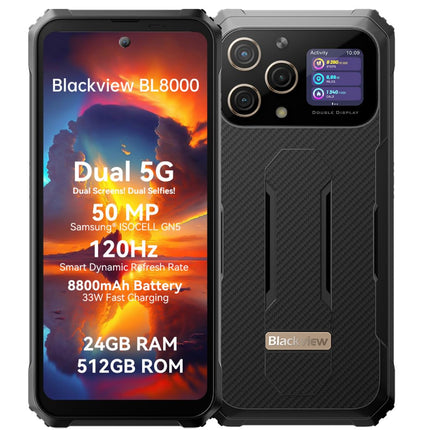 Blackview Outdoor Smartphone Dual 5G BL8000, Dimensity 7050 24GB+512GB, 50MP Camera, 6.78'' 2.4K Dual Screen, 8800mAh Battery, 33W Fast Charging, IP68 Waterproof Mobile Phone, NFC GPS OTG Gold