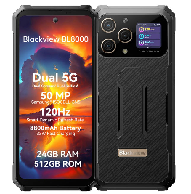 Blackview Outdoor Smartphone Dual 5G BL8000, Dimensity 7050 24GB+512GB, 50MP Camera, 6.78'' 2.4K Dual Screen, 8800mAh Battery, 33W Fast Charging, IP68 Waterproof Mobile Phone, NFC GPS OTG Gold